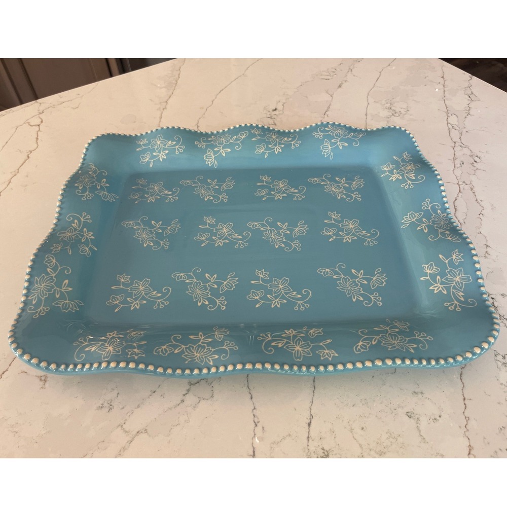 Temp-tations Floral Lace Blue Large Rectangle Serving Platter Scalloped Edge